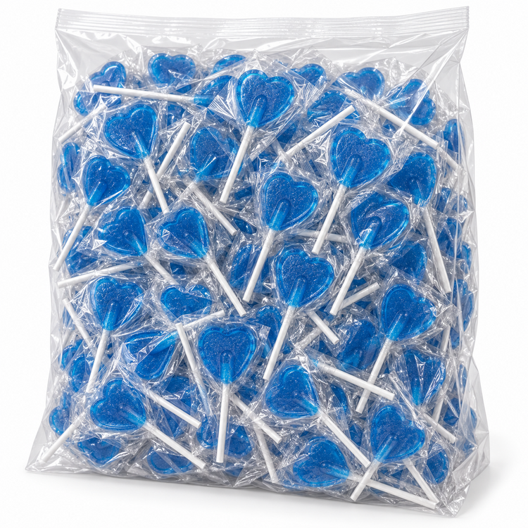 Blue Raspberry Heart Lollipops, 200 Individually Wrapped Lollies, 5.2g Each, Blue Heart-Shaped Sweets for Birthday Party Bags, Wedding Favours, Sweet Tables and Thank-You Gifts