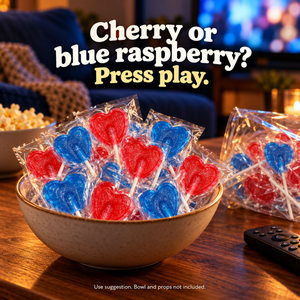 Cherry & Blue Raspberry Heart Lollipops Mix, 200 Individually Wrapped Lollies, 5.2g Each, Red & Blue Sweets for Birthday Party Bags, Wedding Favours, Sweet Tables and Thank-You Gifts