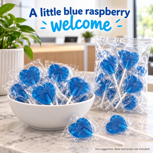 Blue Raspberry Heart Lollipops, 200 Individually Wrapped Lollies, 5.2g Each, Blue Heart-Shaped Sweets for Birthday Party Bags, Wedding Favours, Sweet Tables and Thank-You Gifts