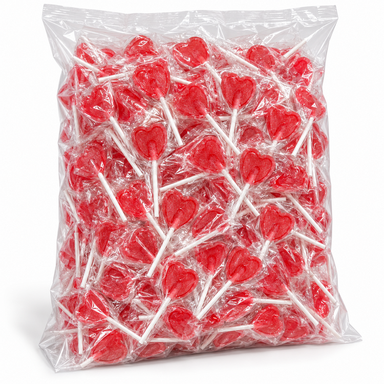 Cherry Heart Lollipops, Pack of 200, 5.2g Each, Individually Wrapped Red Cherry Flavour Lollies for Party Bags and Wedding Favours