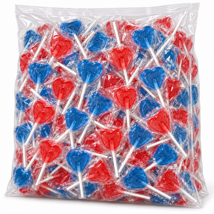 Cherry & Blue Raspberry Heart Lollipops Mix, 200 Individually Wrapped Lollies, 5.2g Each, Red & Blue Sweets for Birthday Party Bags, Wedding Favours, Sweet Tables and Thank-You Gifts