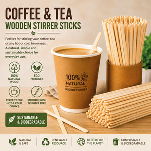1000 Wooden Coffee & Tea Stirrers 140mm Disposable Sticks Cafes Offices Catering