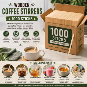 1000 Wooden Coffee & Tea Stirrers 140mm Disposable Sticks Cafes Offices Catering